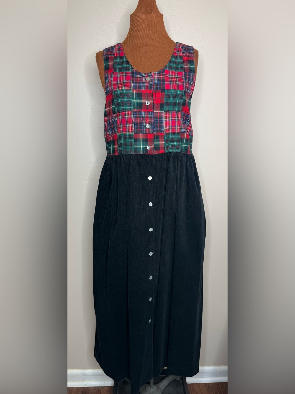 Susan Bristol Vintage Tartan Plaid Bodice Corduroy Bottom Maxi Jumper Dress Sz 4